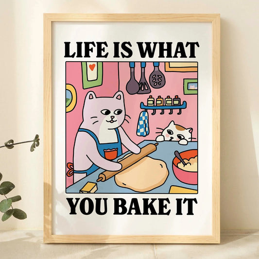 Life Is What You Bake It Cartoon Cat Wall Art Prints Canvas Painting Poster Picture For Living Children Room Home Decor Gift Peaceful Pleasures Health and Wellness