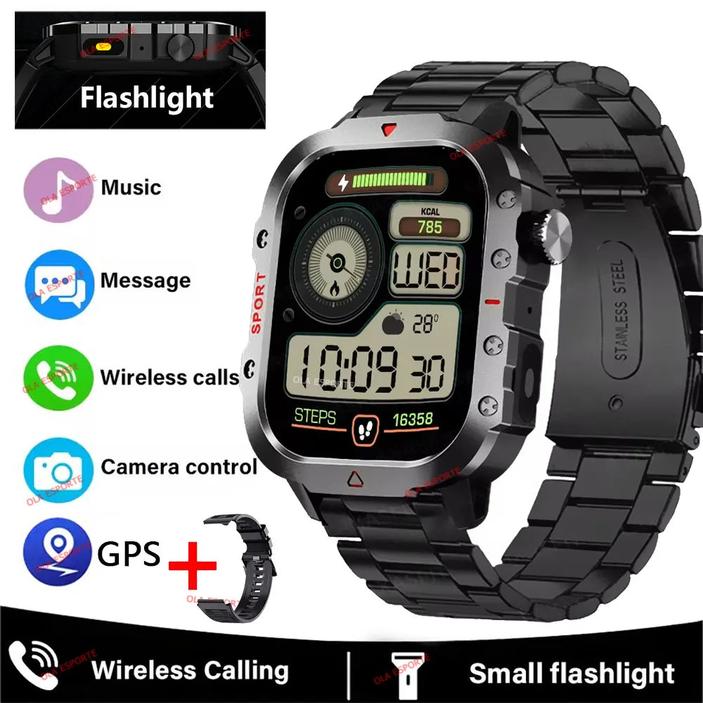 2025 Rugged Military Smart Watch Men's Outdoor Watch 2.01" HD Touch Screen Voice Bluetooth Call Sports Waterproof Smartwatch New Peaceful Pleasures Health and Wellness Black Steel