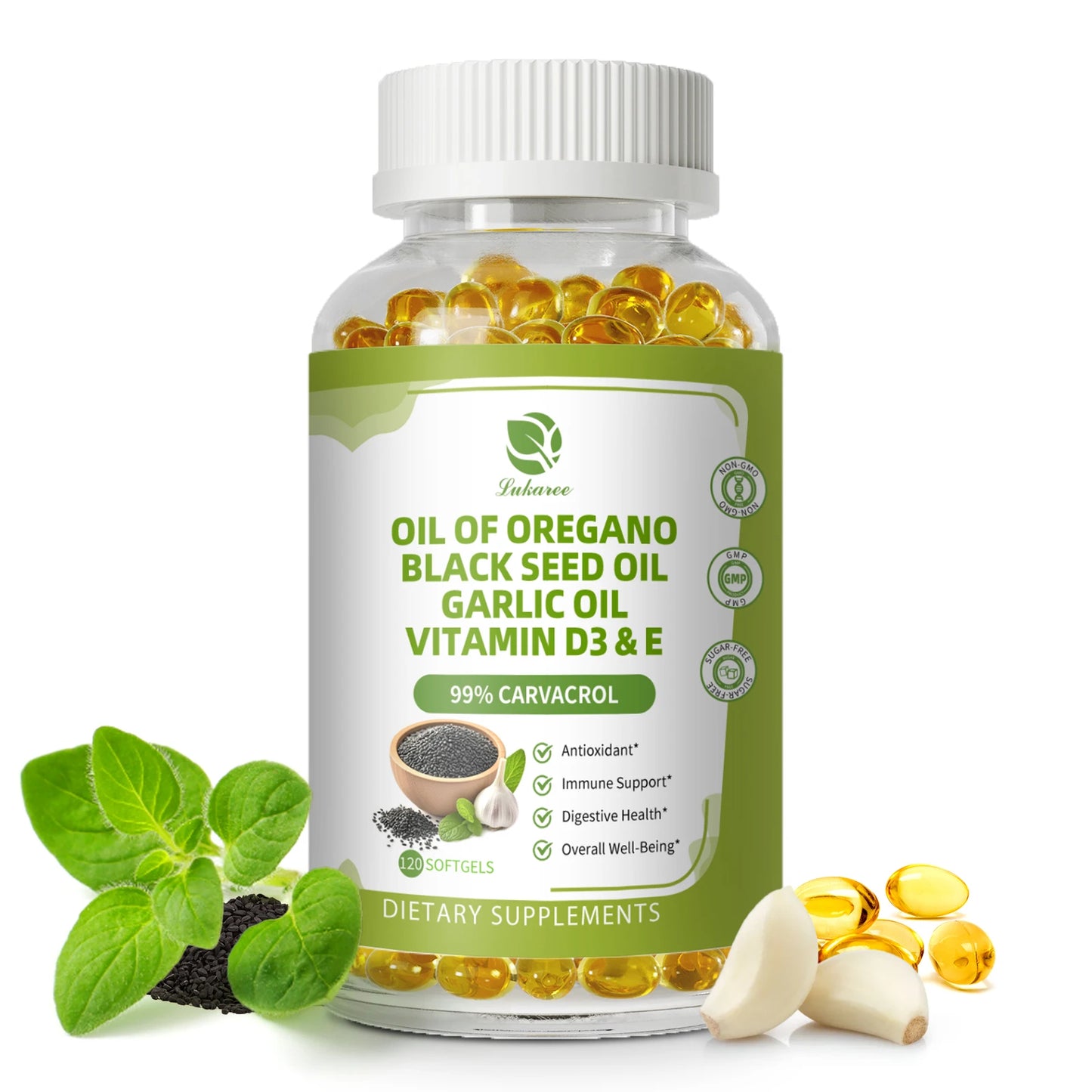 Oregano Oil Capsules 6-in-1 with Black Seed, Garlic & Vitamin D3 Peaceful Pleasures Health and Wellness 120pcs 2bottles United States
