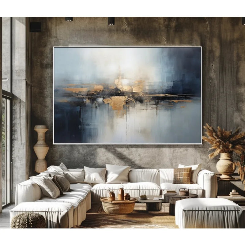100% Hand Drawn, Textured, Acrylic Abstract, Wall Decoration for Living Room and Office Murals in Gold, Black, Beige, Navy Blue Peaceful Pleasures Health and Wellness