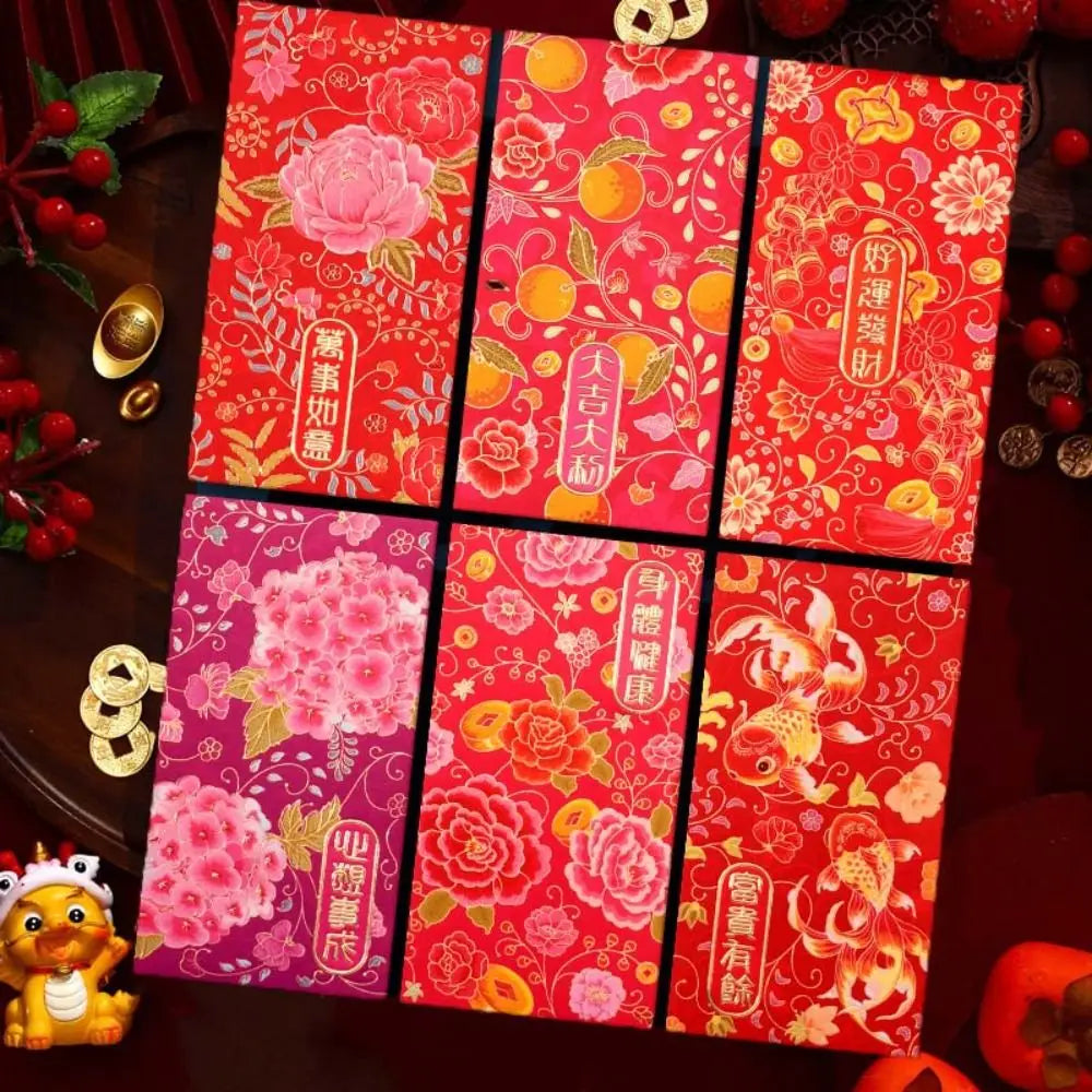 6pcs Hot Stamping Chinese New Year Red Envelope Rectangular Mixed Pattern Red Packet Thickened Solid Lucky Money Bag Peaceful Pleasures Health and Wellness