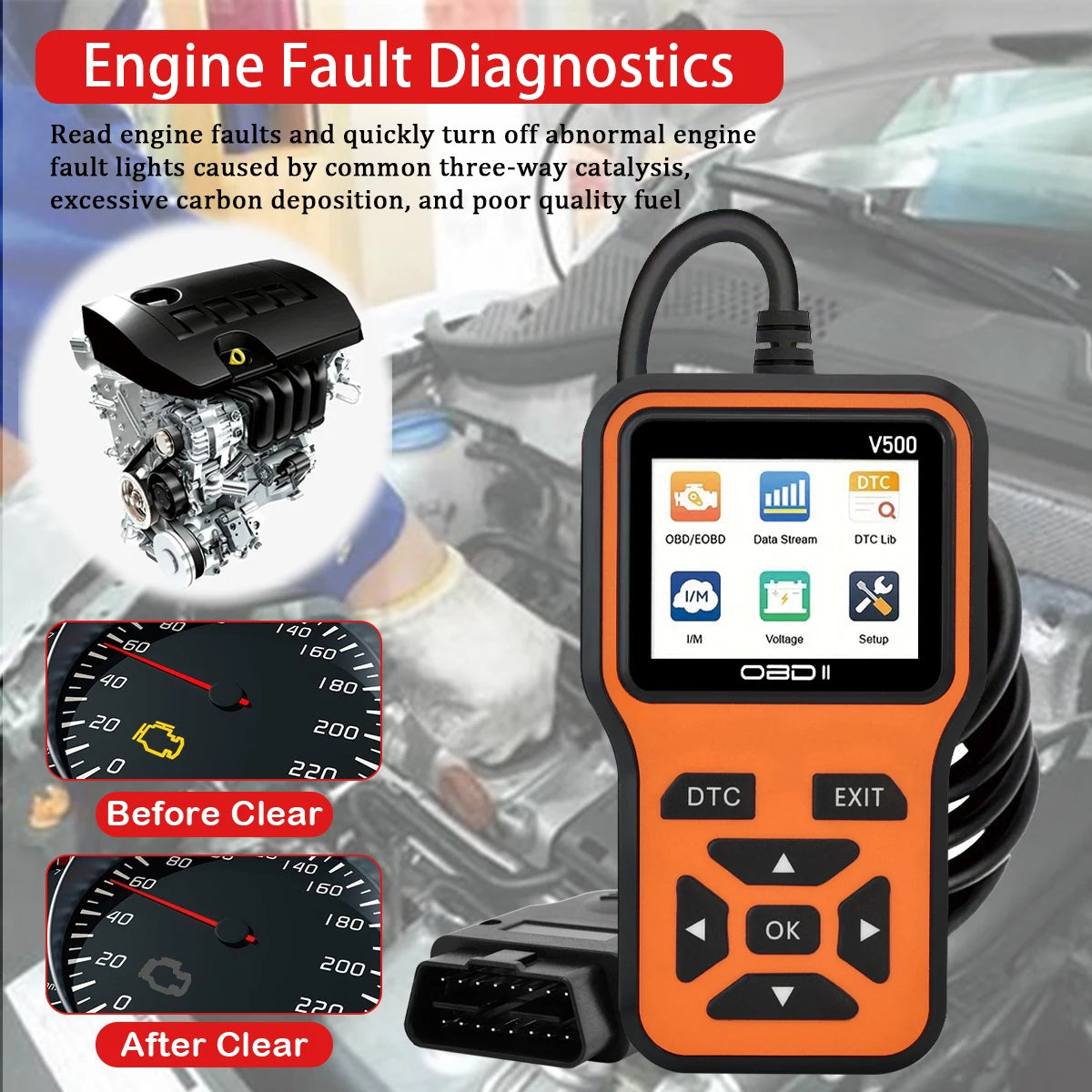V500 OBD2 Scanner – Engine Fault Code Reader & Voltage Tester