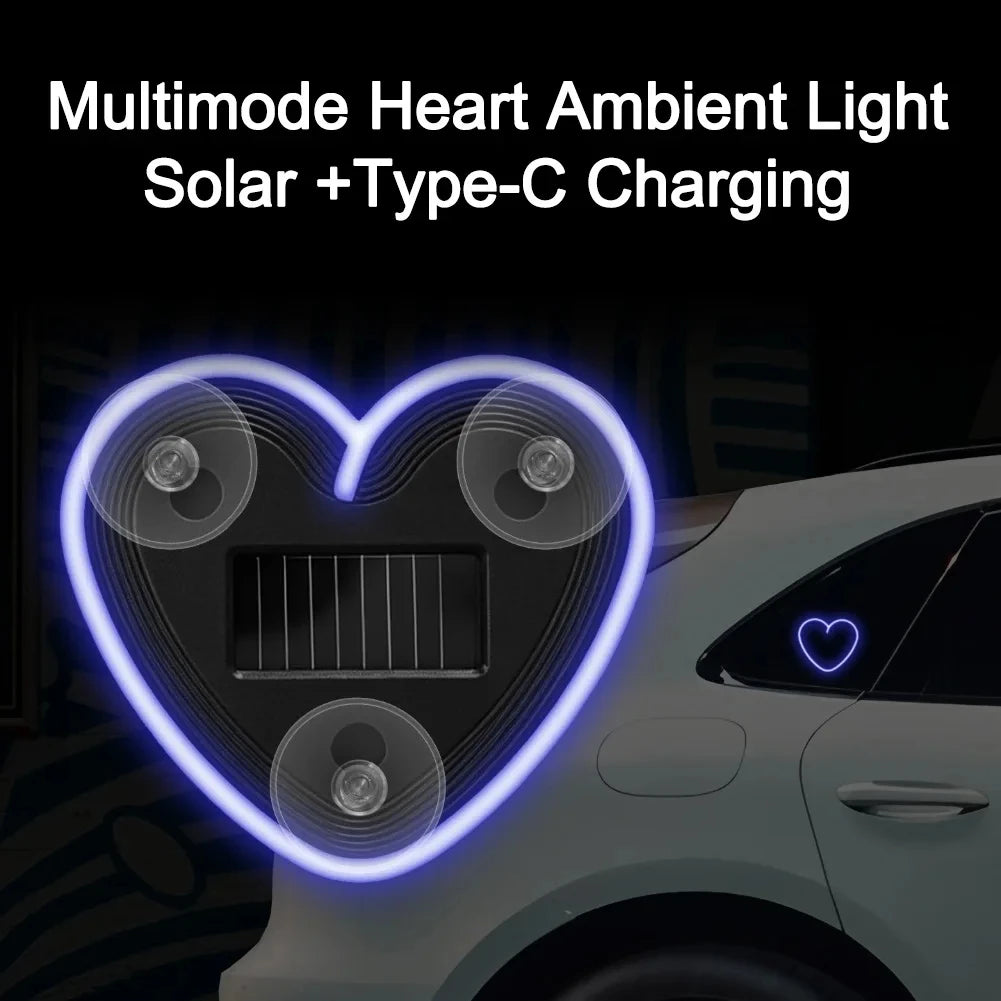 Solar-Powered Led Car Window Neon Lights - Heart-Shaped Rgb-Free Color-Changing Interior Wiring Free Atmosphere Light Peaceful Pleasures Health and Wellness Blue -1pc