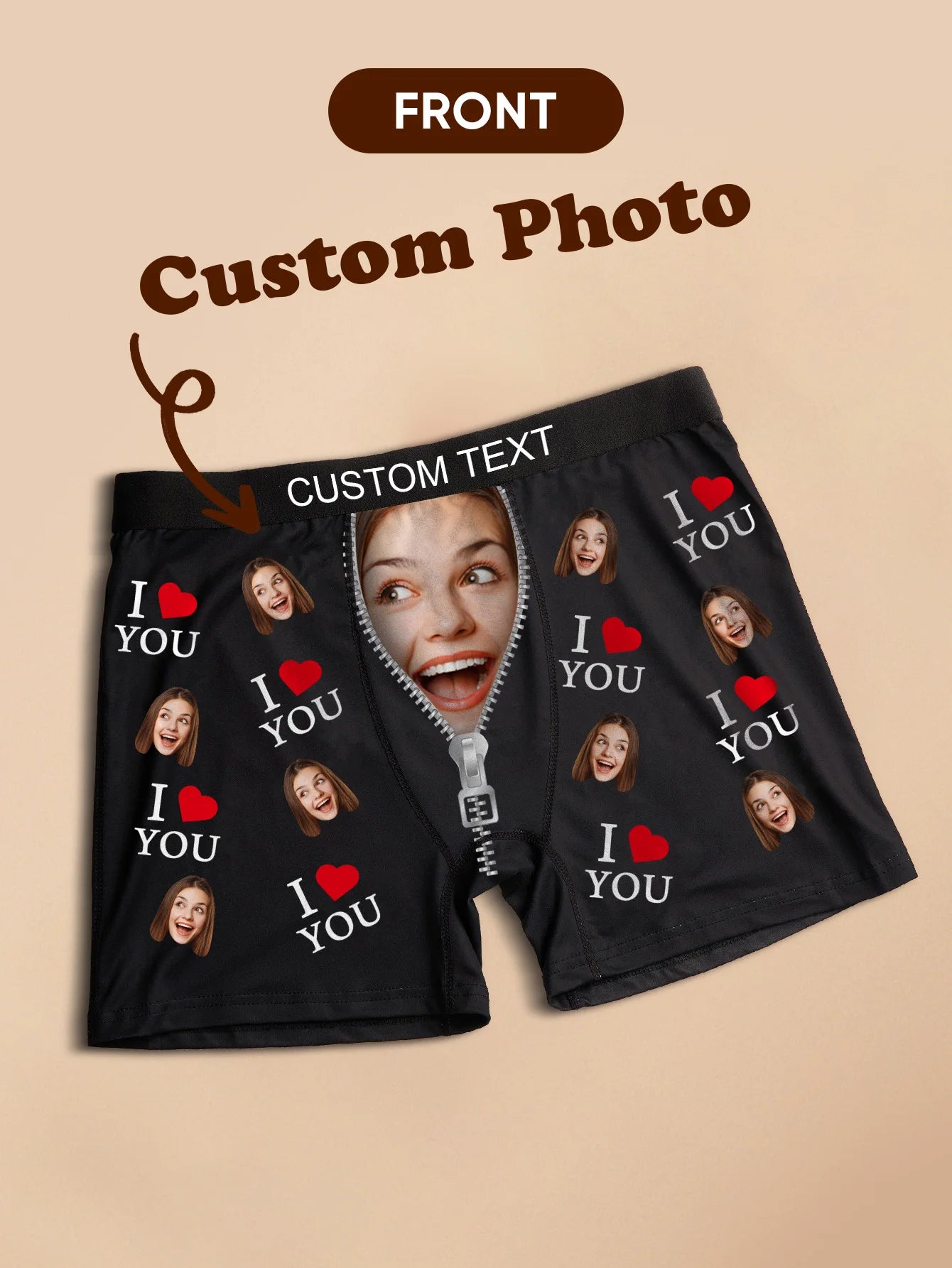 Custom Face Mens Boxer Briefs Personalized Photo Underwear Custom Text Waistband Six Sizes Available Funny Gift for Him Peaceful Pleasures Health and Wellness Black XXL 1pc