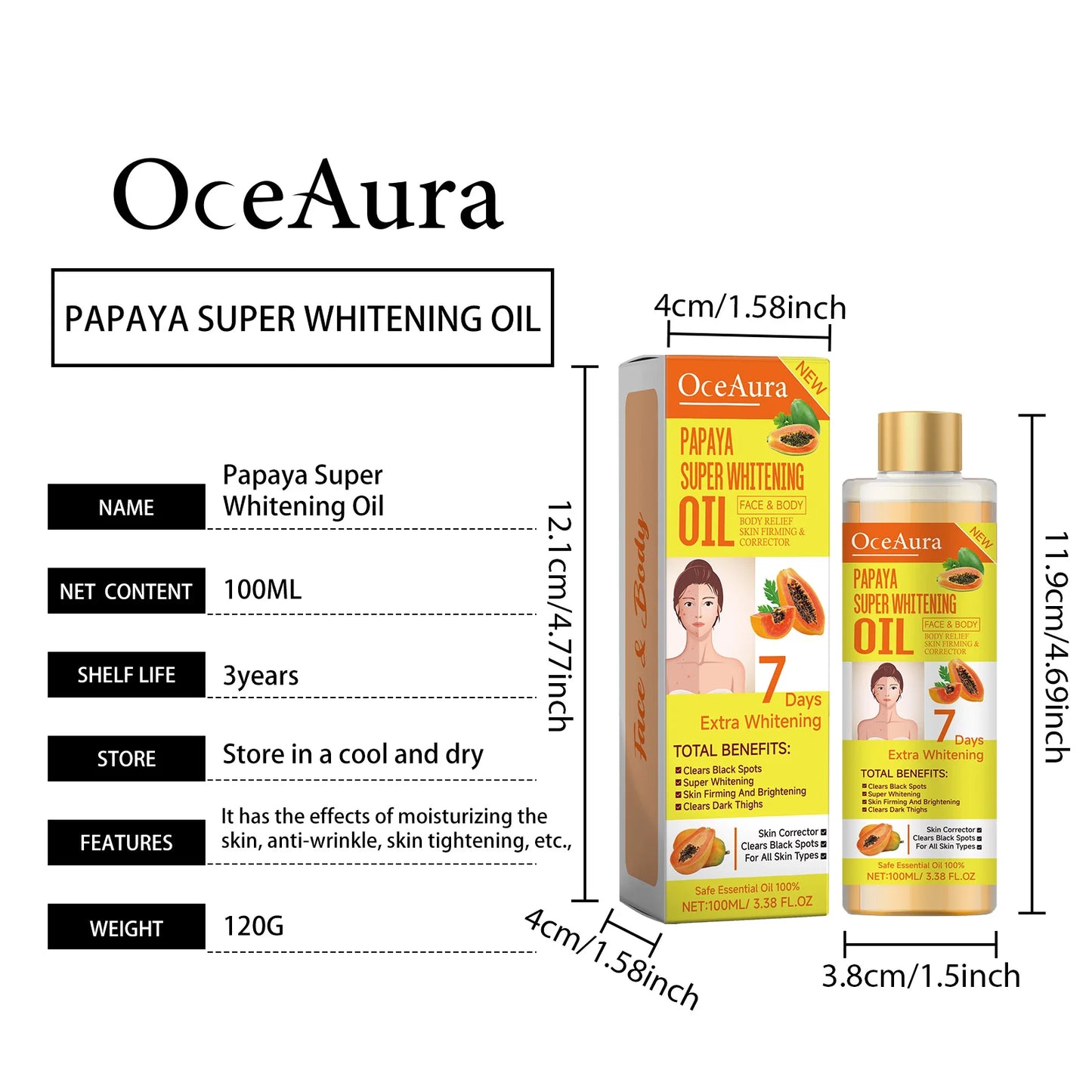 OCEAURA Papaya Whitening Face & Body Oil 3.38 oz | Moisturizer