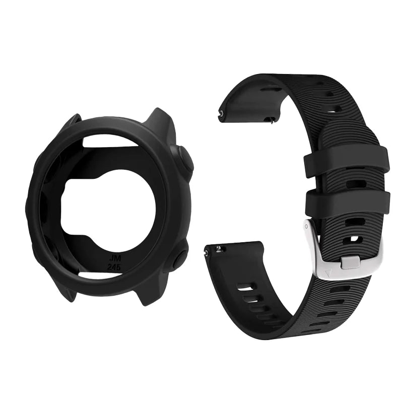 Silicone Protective Case Cover +Strap For Garmin Forerunner 245M/245 Smartwatch Strap Protector Shell Frame Protective Cases Peaceful Pleasures Health and Wellness Black Case Strap Forerunner 245 245M