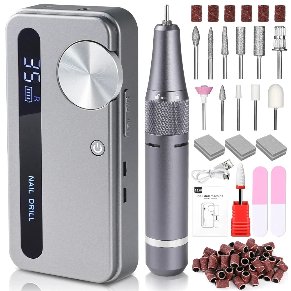 Professional Gel Nails Care, Rechargeable Portable Nail File Manicure Tool 35000RPM Electric Nail Polisher Peaceful Pleasures Health and Wellness Light Grey USB