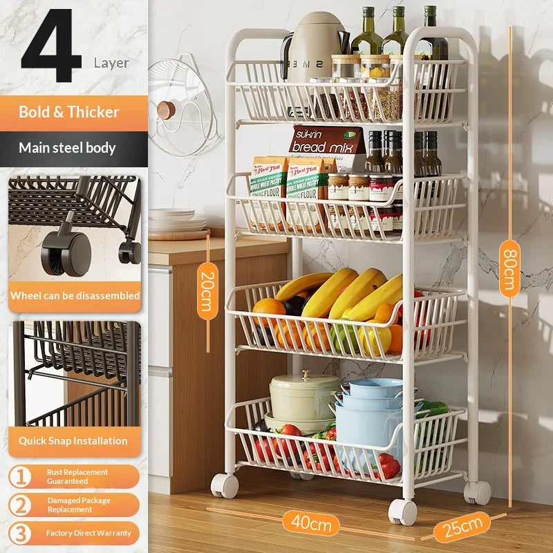 Sturdy Heavy Duty Space Saving Multilayer Kitchen Vegetable Fruit Storage Rack Rolling Cart with Baskets for Home Pantry Peaceful Pleasures Health and Wellness White 4 Layer