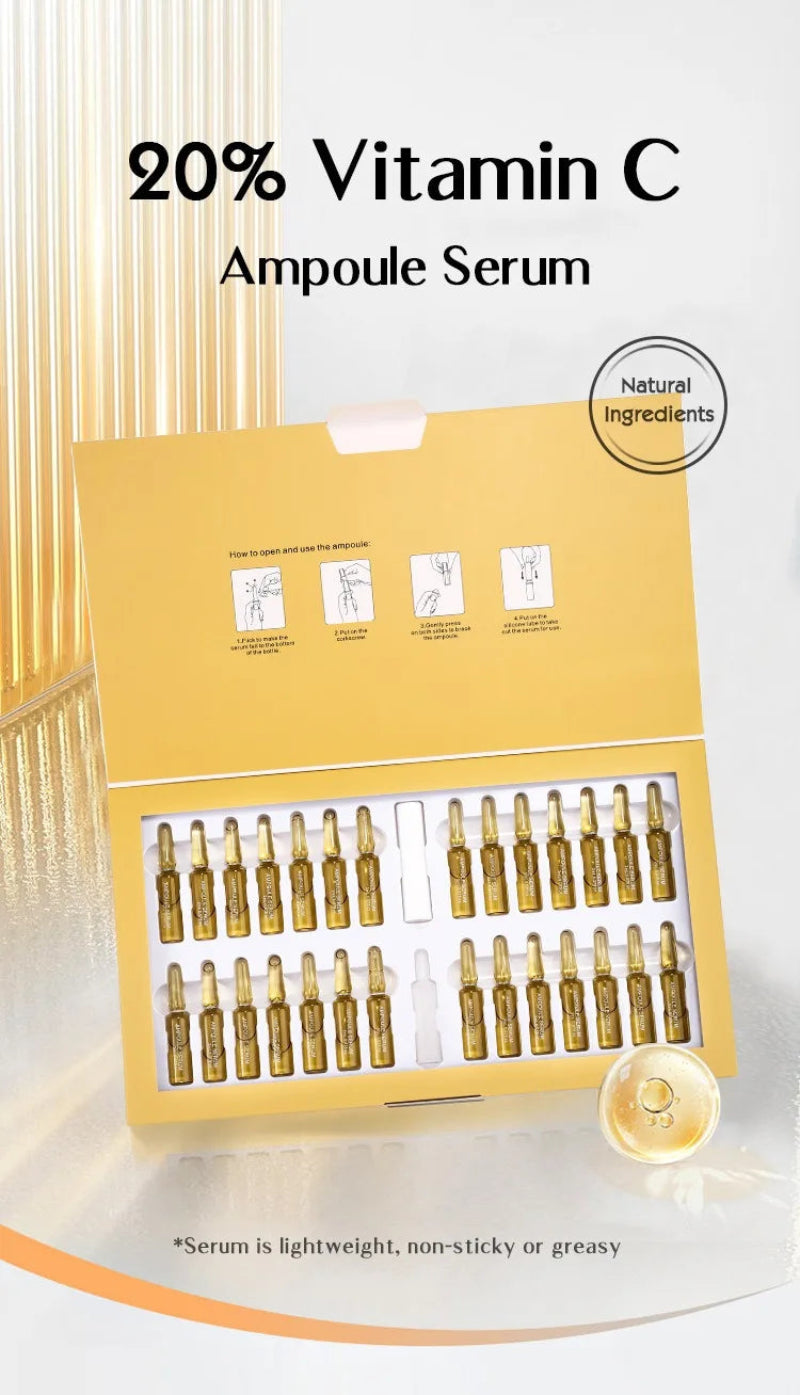 20% Vitamin C Ampoule Serum packaging with ampoules on a white background