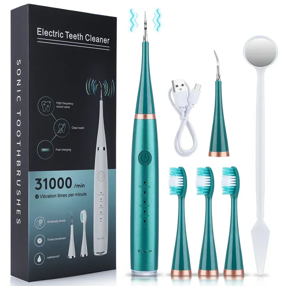 Rechargeable Sonic Electric Toothbrush Teeth Whitening Kit with Tartar Remover and Stain Removal for Dental Care Peaceful Pleasures Health and Wellness Green Pro