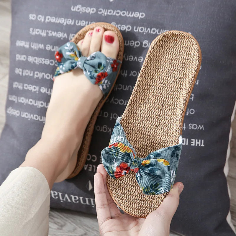 Women's Boho Linen Flip Flops – Bowknot Beach Slippers