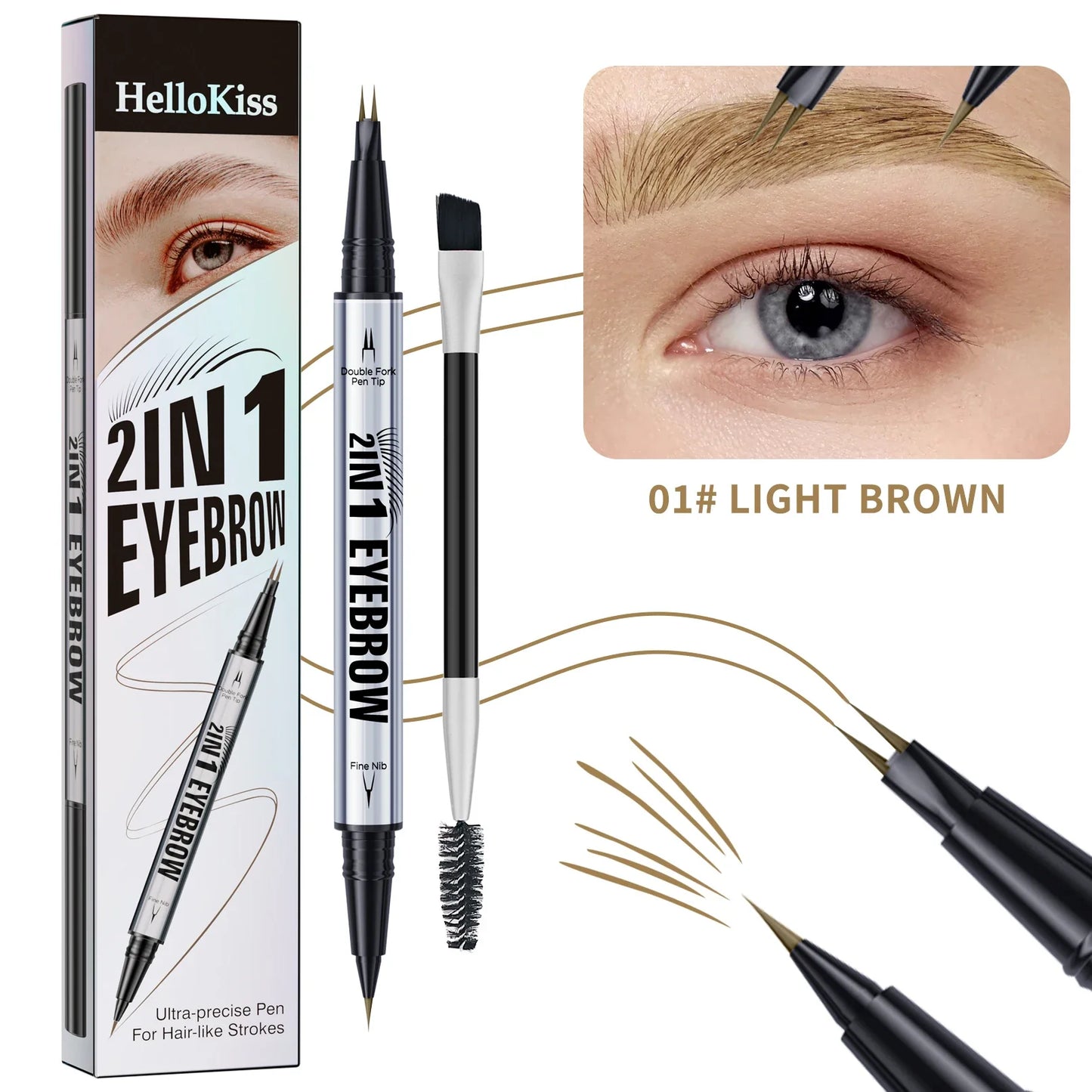 Hello Kiss 2-in-1 Waterproof Liquid Eyebrow Pencil & Fork Brush