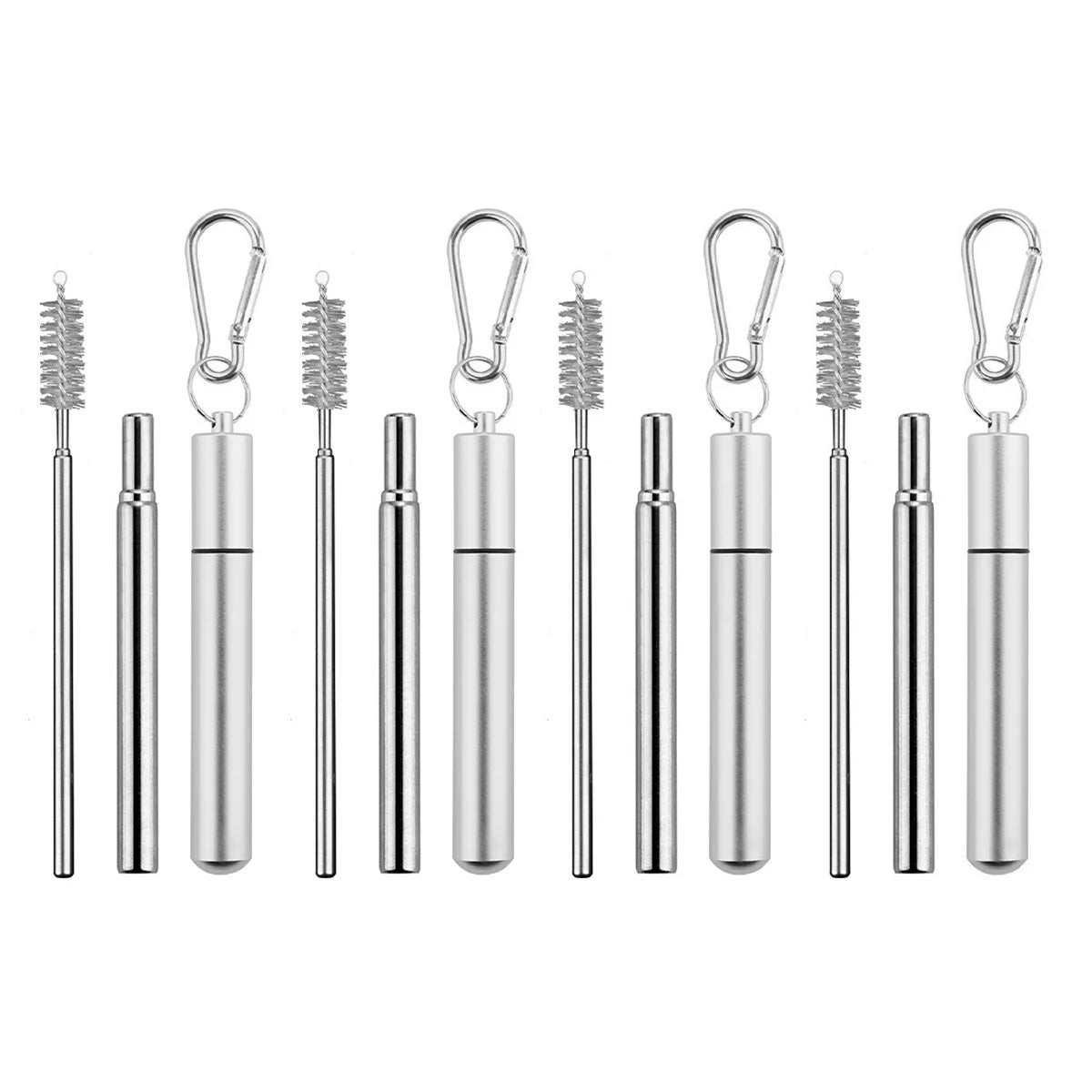 4Pack Collapsible Stainless Steel Drinking Straws with Aluminum Case, Cleaning Brush, and Keychains for Drinking Coffee Milk Tea Peaceful Pleasures Health and Wellness Silver casing