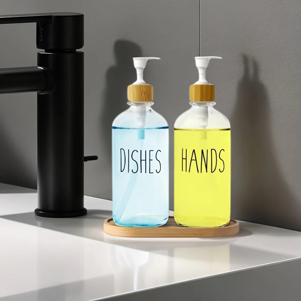 Soap Dispenser Bottle with Tray & Anti-Rust Pump – 500ml Refillable Dispenser for Hand Soap, Dish Soap, Shampoo & Lotion