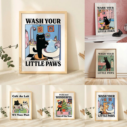 Kawaii Wash Paws Cat Canvas Print | Bathroom & Nursery Wall Art Canvas Wall Art Peaceful Pleasures Health and Wellness