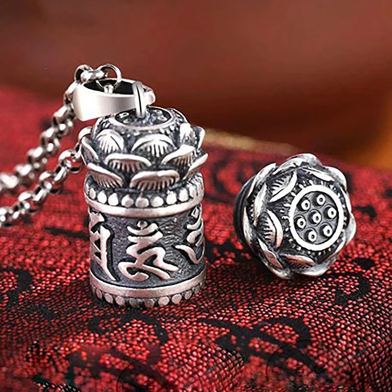 1Pc Hollow Copper Plated Lotus Sutra Cylinder Pendant Keychain Handmade Vintage Pill Box Container Bottle Peaceful Pleasures Health and Wellness