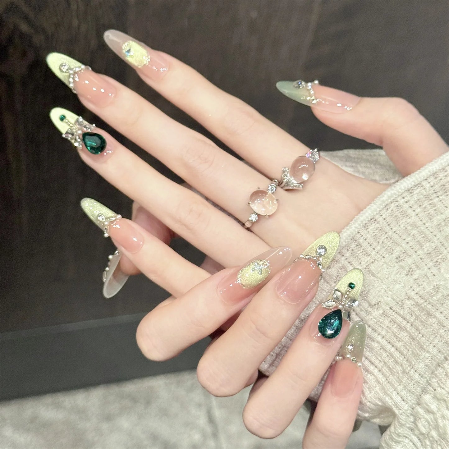Handmade Press On Nails Glitter Green Rhinestone Gradient