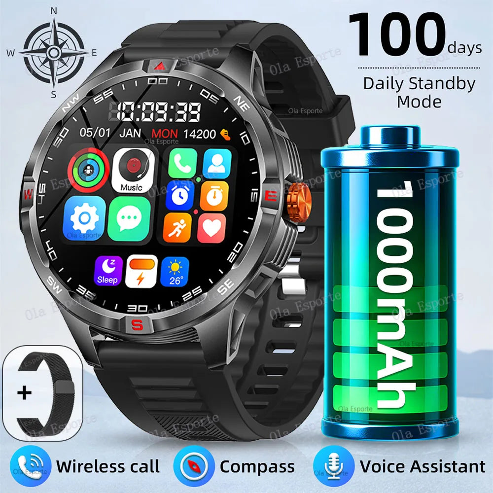 Military 1000mAh Battery Sports Smart Watch Adult Men Compass BT Call Heart Rate Health Monitoring IP68 Waterproof SmartWatches Peaceful Pleasures Health and Wellness Bk22Milan