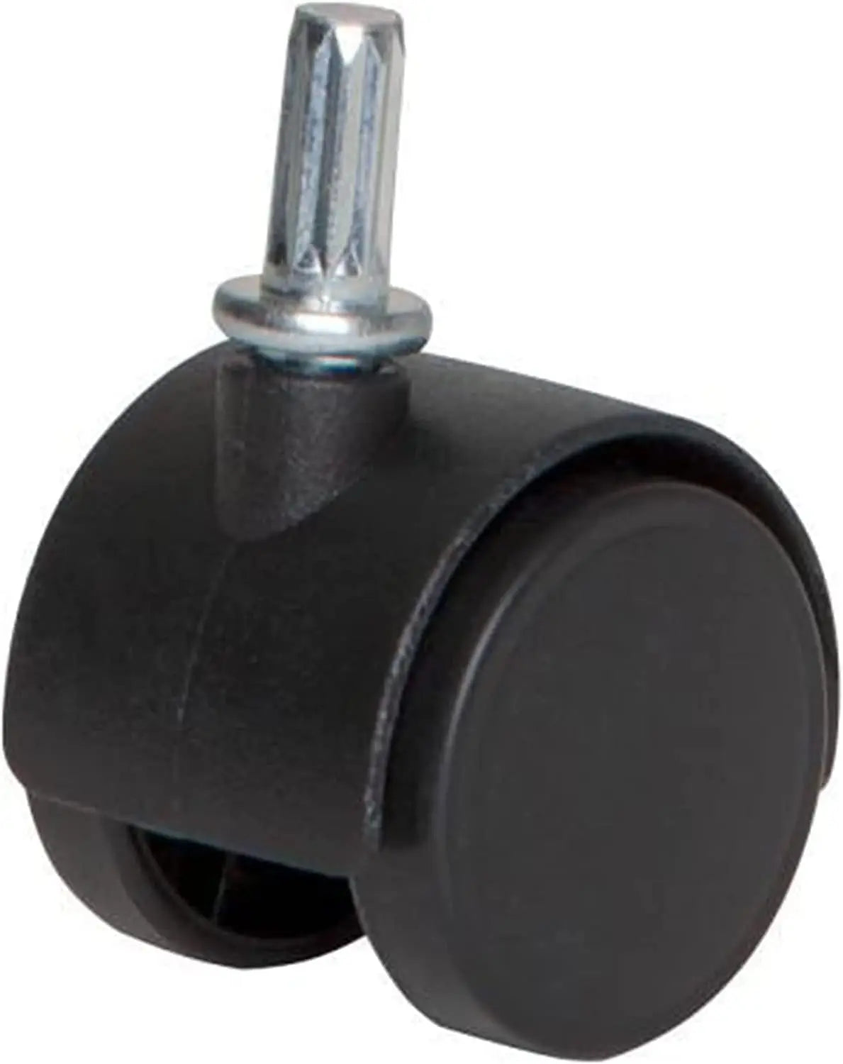 Black caster wheel with a metal screw on a white background