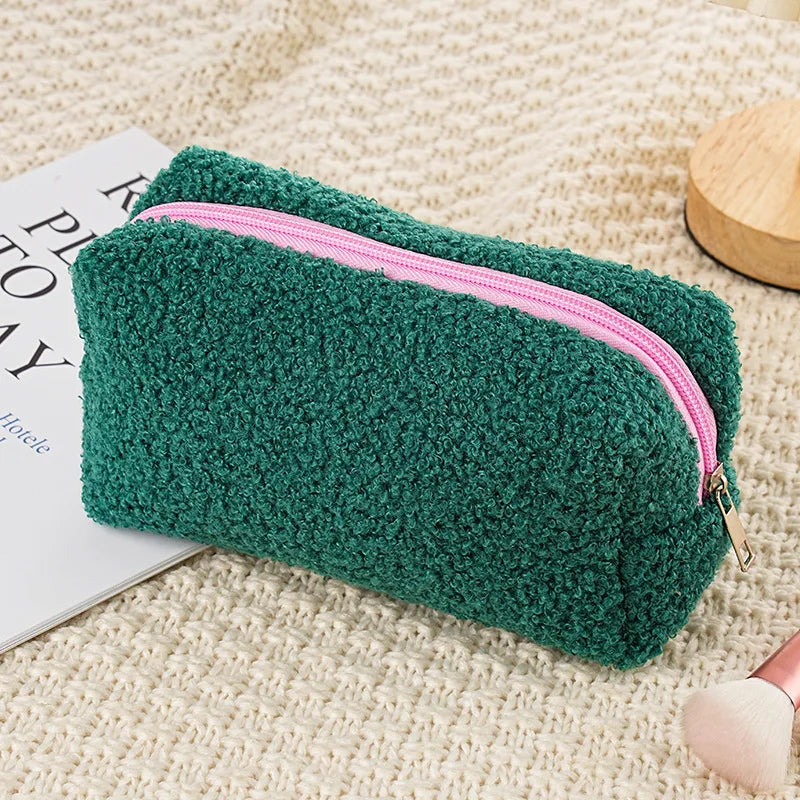 2026 Cute Zipper Plush Large Solid Color Cosmetic Bag Makeup Bag for Women Travel Make Up Toiletry Bag Washing Pouch Pen Pouch Peaceful Pleasures Health and Wellness Grass green 1PC