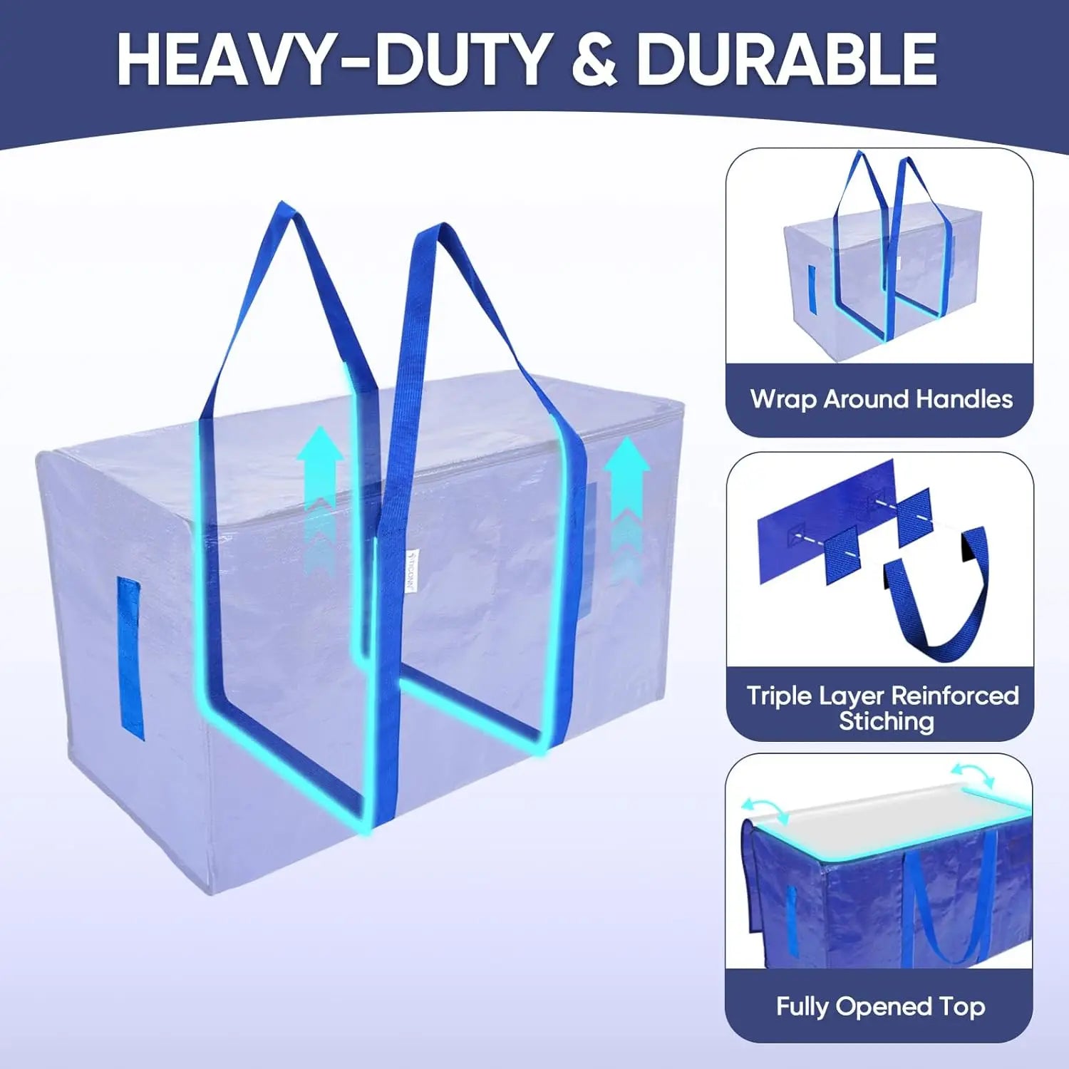 Heavy-duty storage bag with features highlighted on a white background