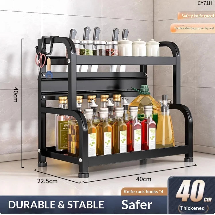 Modern Household Kitchen Spice Rack Countertop Storage Organizer Multifunctional Shelving Unit For Cooking Essentials Peaceful Pleasures Health and Wellness 40cm 2 Layers B