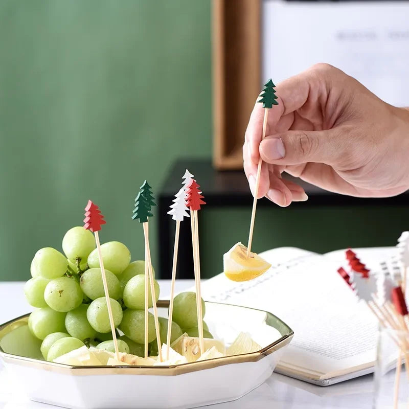 50 Christmas Fruit Sticks Per Set Disposable Bamboo Sticks Snowflake Christmas Trees Santa Claus Fruit Sticks Peaceful Pleasures Health and Wellness