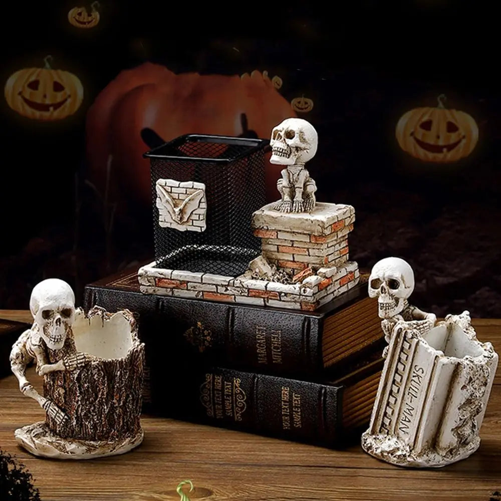 Scary Halloween Skull Pen Holder Resin Crafts Festival Skulls Pencil Storage Bucket Funny Skeleton Toothbrush Holder Peaceful Pleasures Health and Wellness