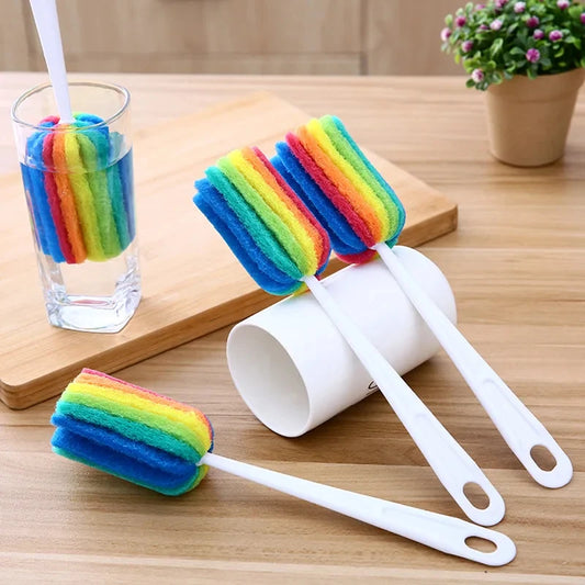 3Pcs Rainbow Sponge Brush Water Bottle Cup Mug Glass Washing Sponge Cleaning Brush Scrubber with Handle Cleaning Utensils Peaceful Pleasures Health and Wellness