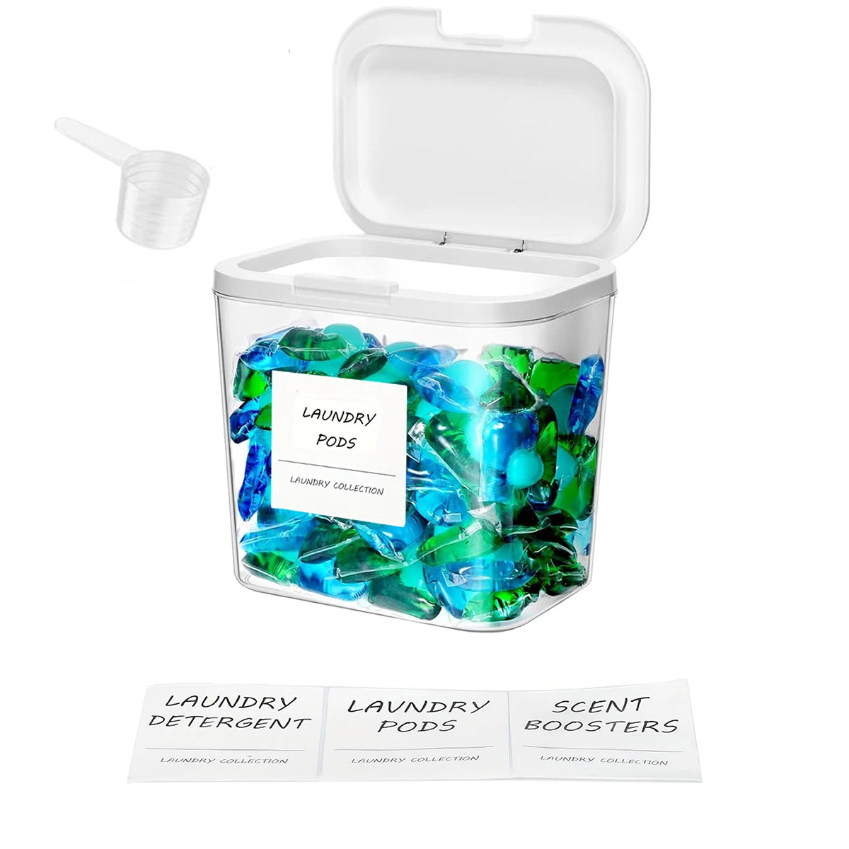 Laundry Pod Container with Pop-up Lid Laundry Room Storage Container for Detergent Pods Laundry Powder Scent Booster Container Peaceful Pleasures Health and Wellness Clear