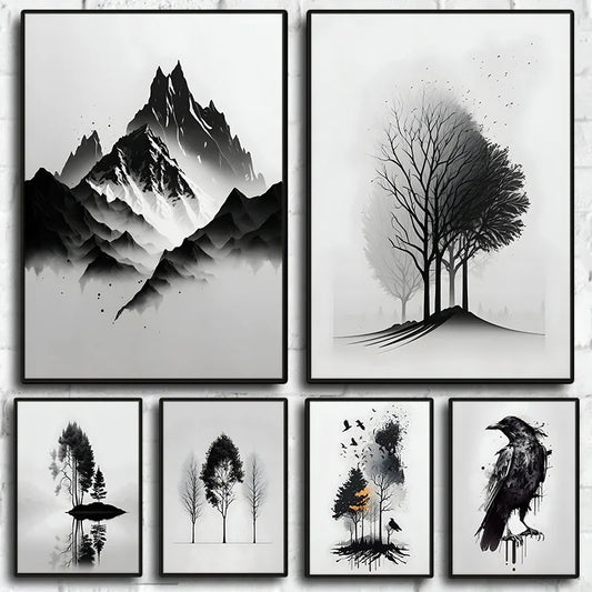 Black & White Mountain Crow Canvas Wall Art | Minimalist Print Canvas Wall Art Peaceful Pleasures Health and Wellness