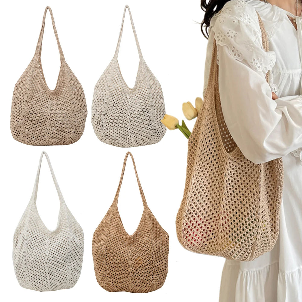 Knitted Hobo Shoulder Bag | Hollow-Out Tote for Women Peaceful Pleasures Health and Wellness