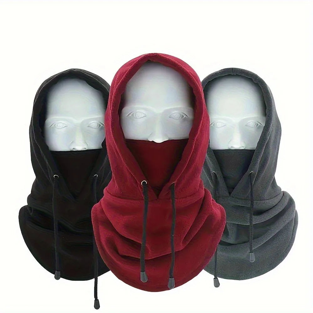 1pc/3pcs Winter Warm Fleece Neck Warmer Hat Solid Adjustable Drawstring Ski Balaclava Mask Windproof Cycling Hooded Cap Unisex Peaceful Pleasures Health and Wellness Black Red Grey
