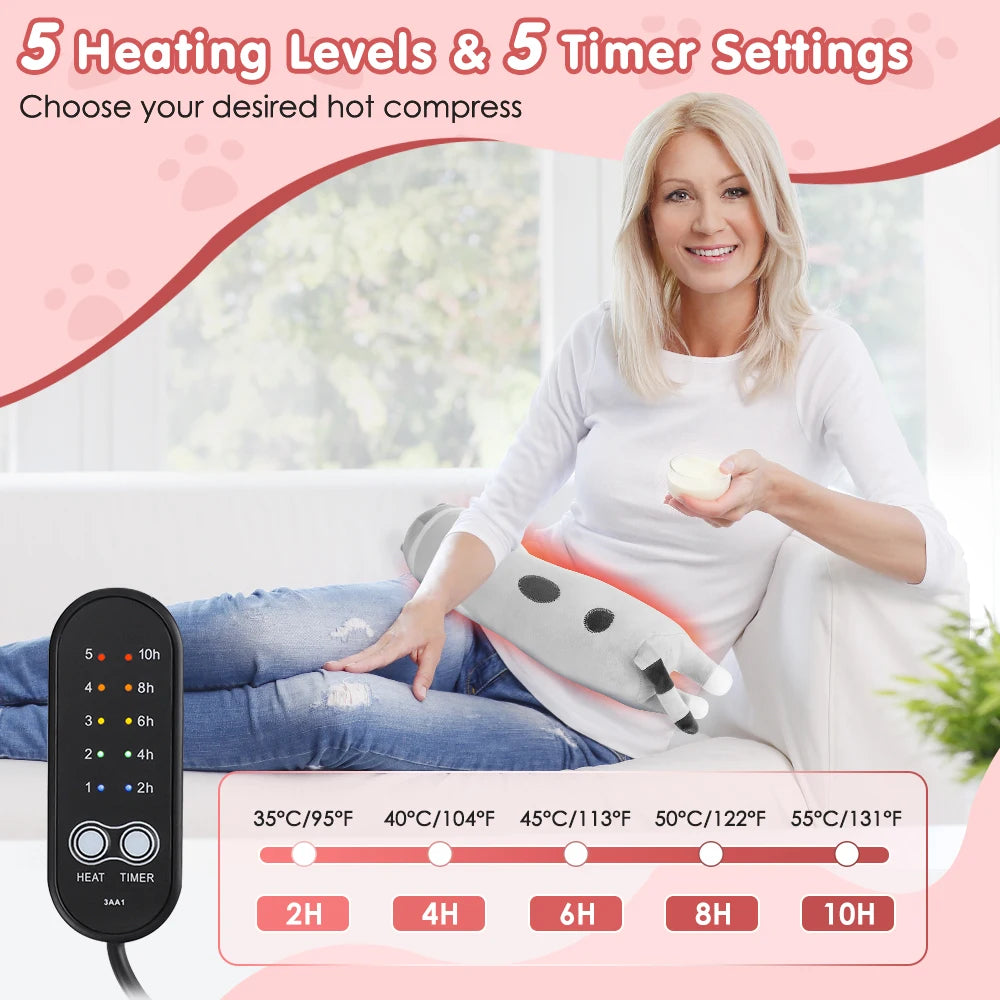 ‌USB Powered Electric Heating Pillow 5 Temperature Settings & Timer Control Smart Long Cat Shape Warm Cushion Office/Home Use Peaceful Pleasures Health and Wellness