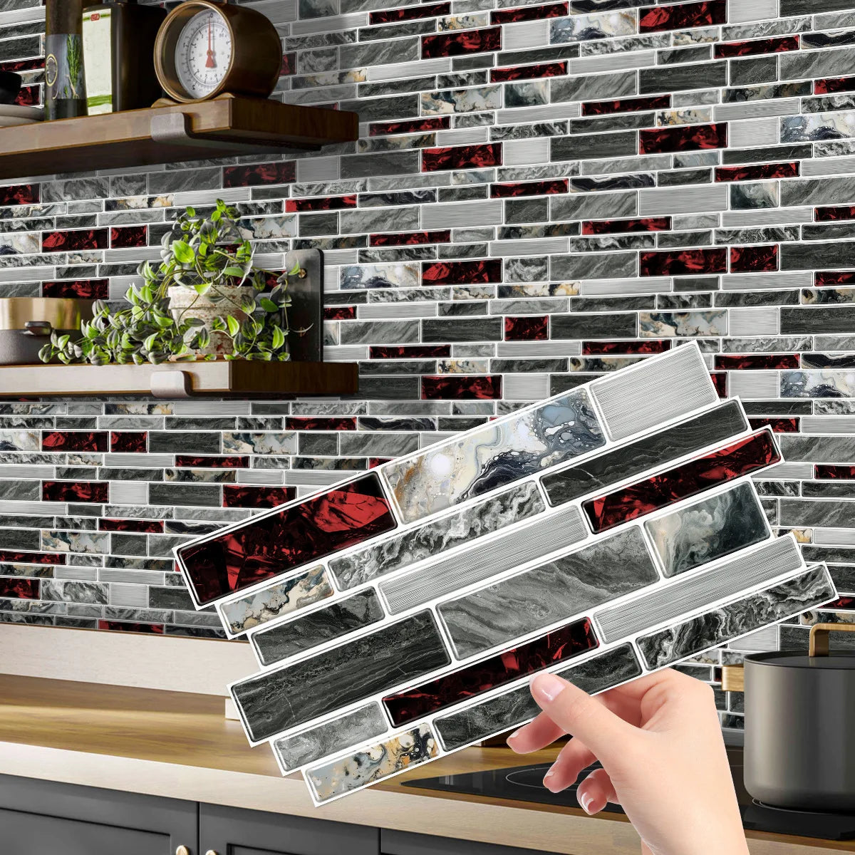 Crystal Film Marble Tile Wall Sticker, Waterproof and Oil-resistant Kitchen Bathroom Wall Decal, Self-adhesive Home Decor Peaceful Pleasures Health and Wellness XY-HTP-08 12x24.6cmx12pcs