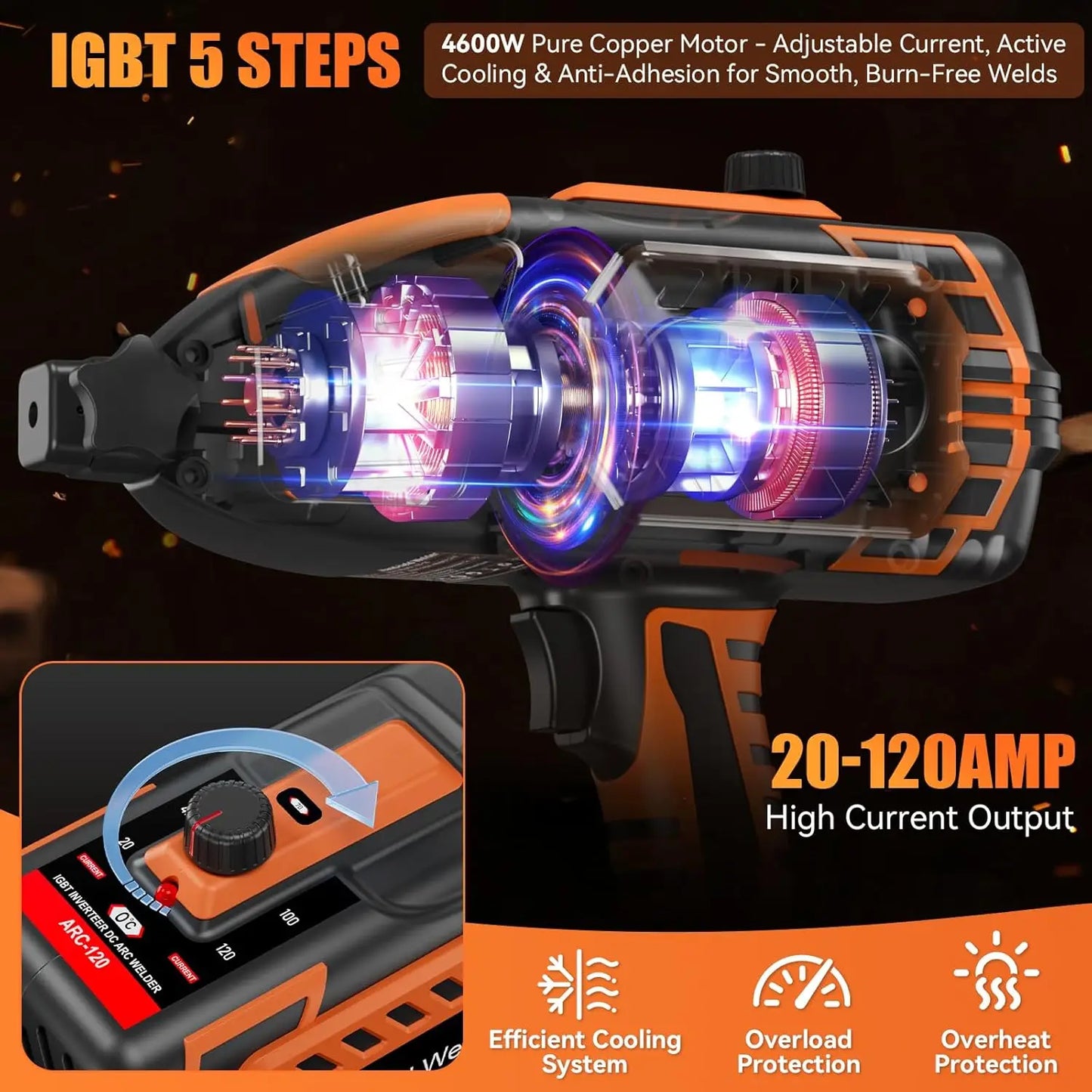 Welding gun with IGBT 5 steps technology and high current output features.