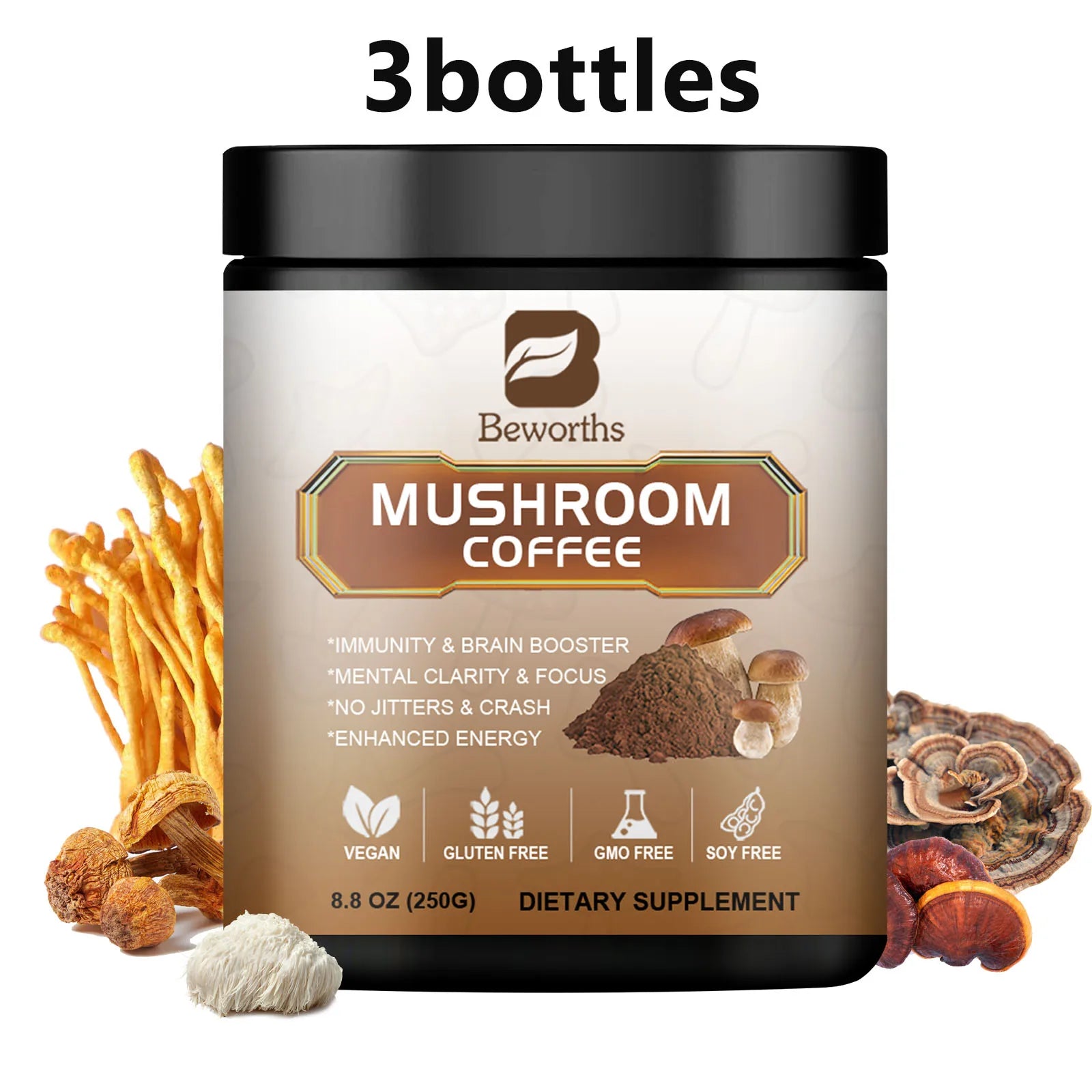 Mushroom Coffee with Lion’s Mane, Cordyceps, Reishi & Chaga – Energy, Focus & Immunity | 250g Peaceful Pleasures Health and Wellness 250g 3bottles United States