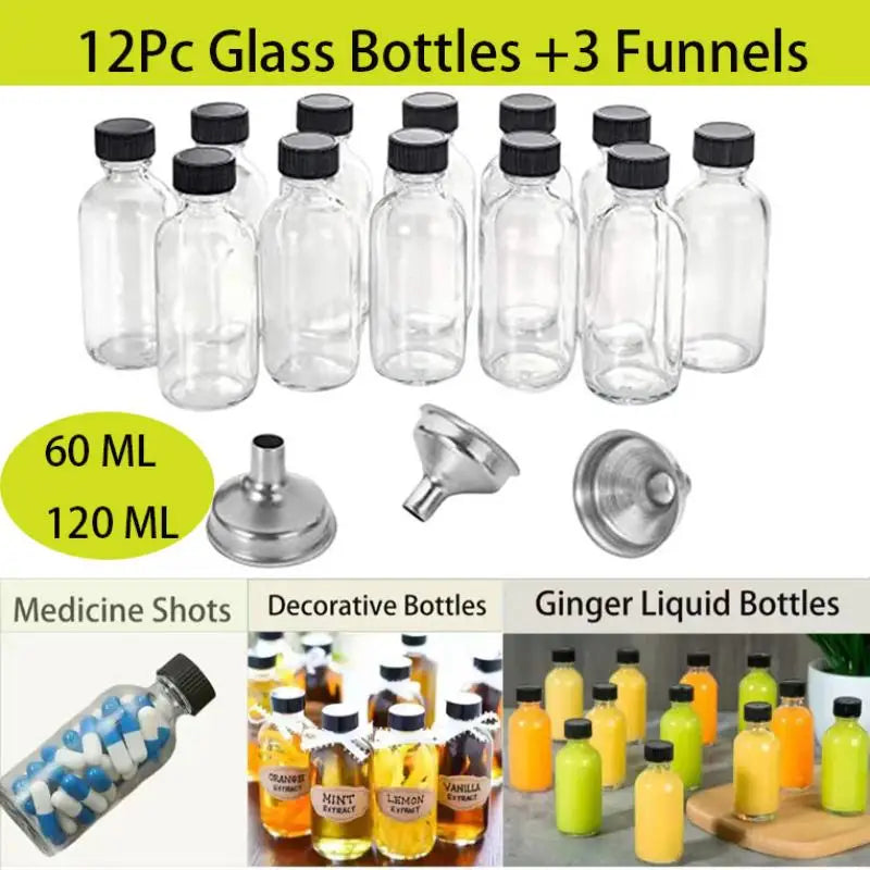 12-Pack 2oz Clear Glass Bottles with Lids & Funnels – 60ml