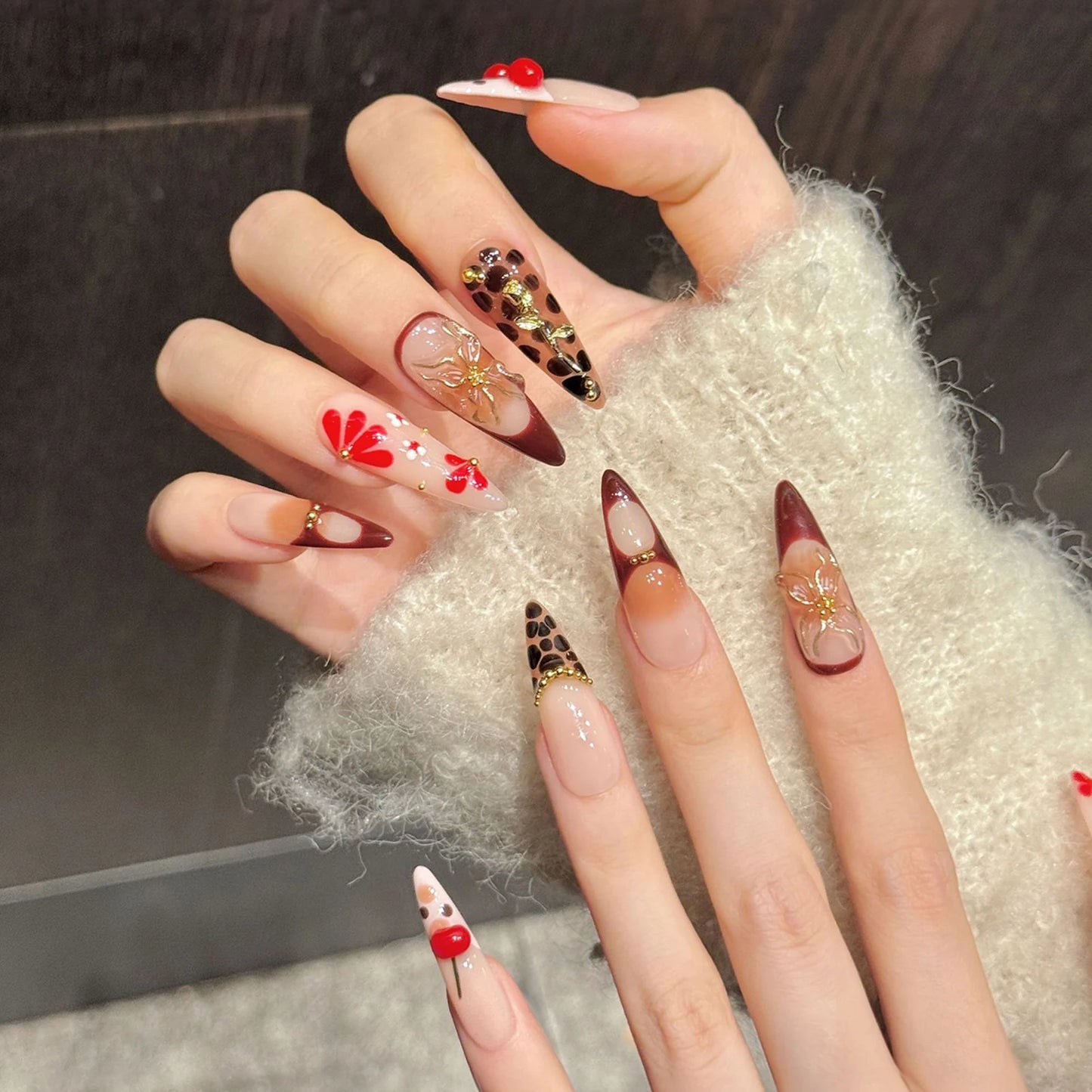 Y2K Press On Nails – Red Cherry Leopard Long Stiletto Set 10pc