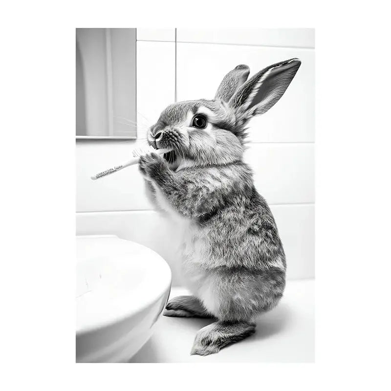 Funny Bathroom Animal Canvas Wall Art | Vintage Brushing Teeth