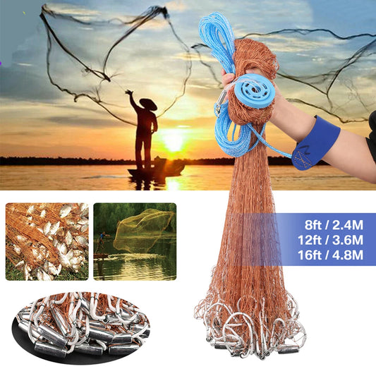 8/12/16FT American Fishing Cast Net Freshwater Saltwater Tire Line Mesh Strong Real Zinc Sinker Throw Casting Net Heavy Duty Peaceful Pleasures Health and Wellness