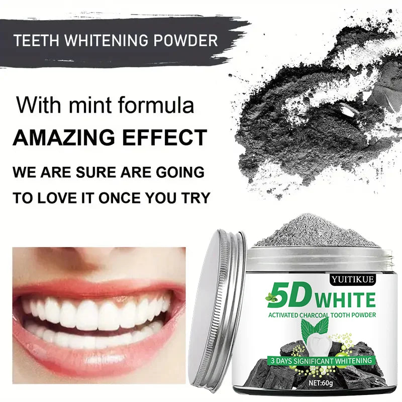YUlTlKUE 5D White Activated charcoal Tooth Powder Natural Teeth Whitening Oral Care Fresh Breath 60g Peaceful Pleasures Health and Wellness