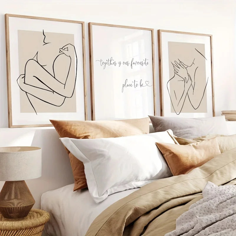 3 Pieces Beige Canvas One Line Drawing Couple Prints - Modern Together Is Our Favourite Place To Be Unframed Wall Art Peaceful Pleasures Health and Wellness ZLH4025-3pcs 100x150cm No Frame