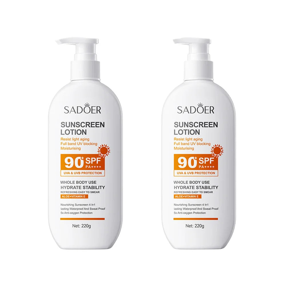 Lotion Solaire Pour Le Corps Et Le Visage, Super 220g, 50g Small bottle size, SPF 90 PA +++++, Utilisation Pour Tout Le Corps, Peaceful Pleasures Health and Wellness 2pcs