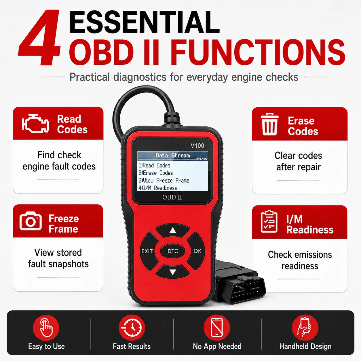 V100 Automotive Code Reader OBDII Scanner Engine Diagnostic Tool with Battery Voltage Test Function Peaceful Pleasures Health and Wellness