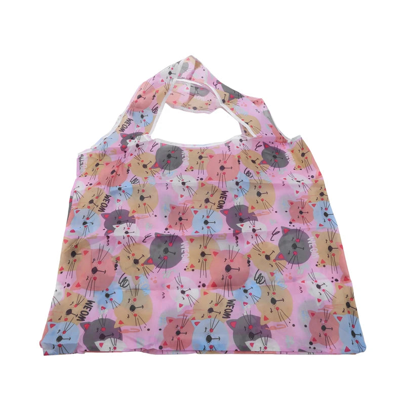 Reusable Foldable Shopping Bags Portable Multi Purpose Tote for Supermarket Beach Travel Toy Storage Grocery Shoulder Bag Peaceful Pleasures Health and Wellness Pink cat
