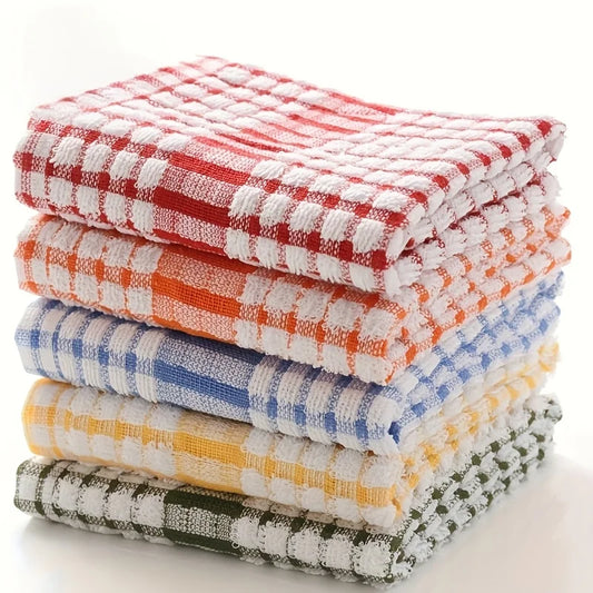 5pcs Absorbent Plaid Dish Towels - Reusable Kitchen Cleaning Cloths in Assorted Colors (Red, Blue, Orange, Yellow, Green) Peaceful Pleasures Health and Wellness