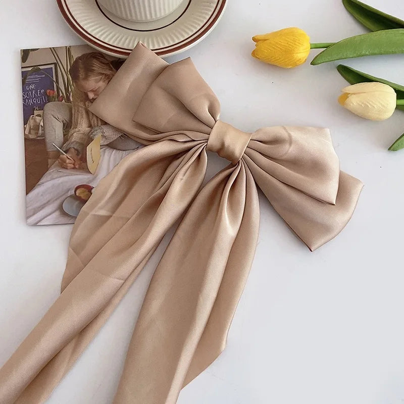 Korean Accessories Hair Clips Women Girls Big Bowknot Solid Satin