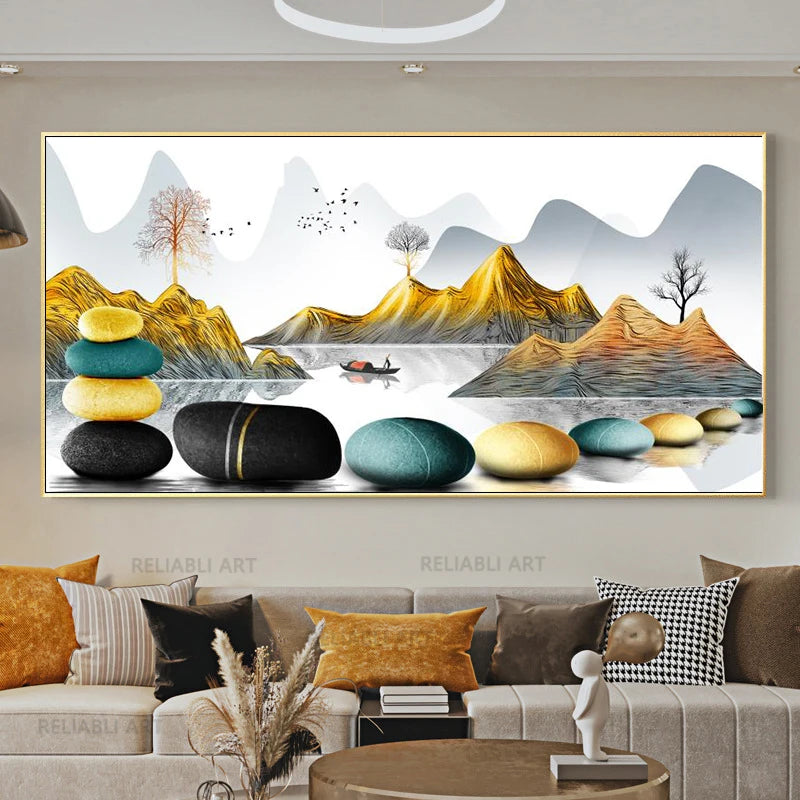 Chinese Feng Shui Golden Rich Tree Canvas Painting Wall Art Deer Landscape Lucky Stone Posters Wall Art for Living Room Decor Peaceful Pleasures Health and Wellness
