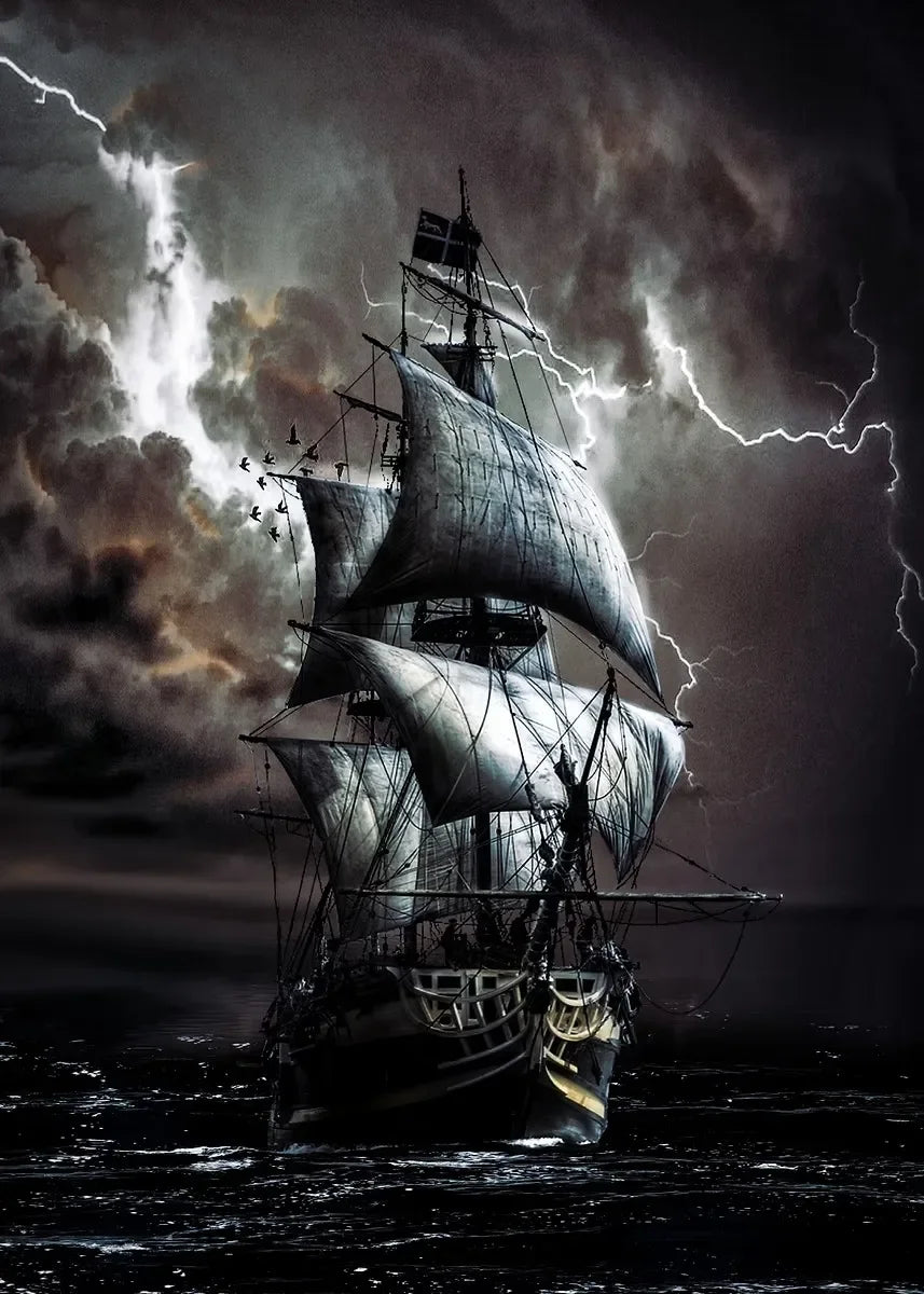 Pirate Ship Sailboat Sailing Ocean Moon Canvas Painting Poster Wall Picture Print for Living Room Home Decor Peaceful Pleasures Health and Wellness P10 40x50cm Unframed